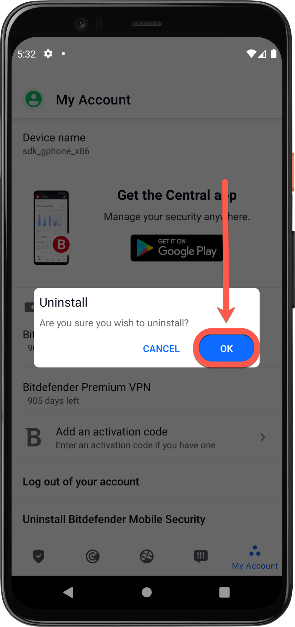 desinstalar o Bitdefender Mobile Security para Android - método 1