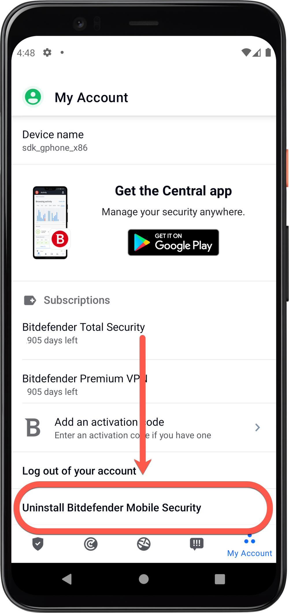 desinstalar o Bitdefender Mobile Security para Android - método 1