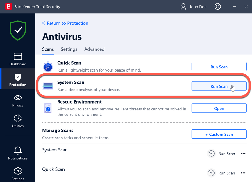 Como fazer um scan antivírus com Bitdefender