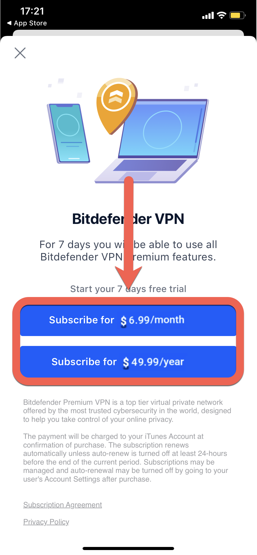 Assinaturas - Bitdefender Premium VPN no iOS