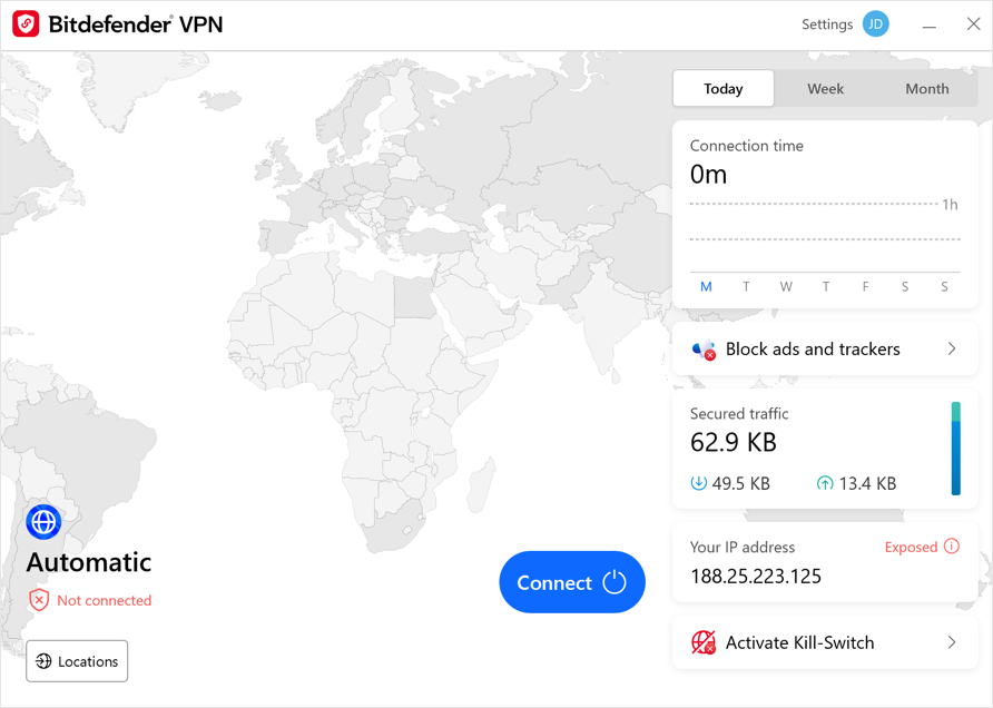 The Bitdefender VPN Interface on Windows