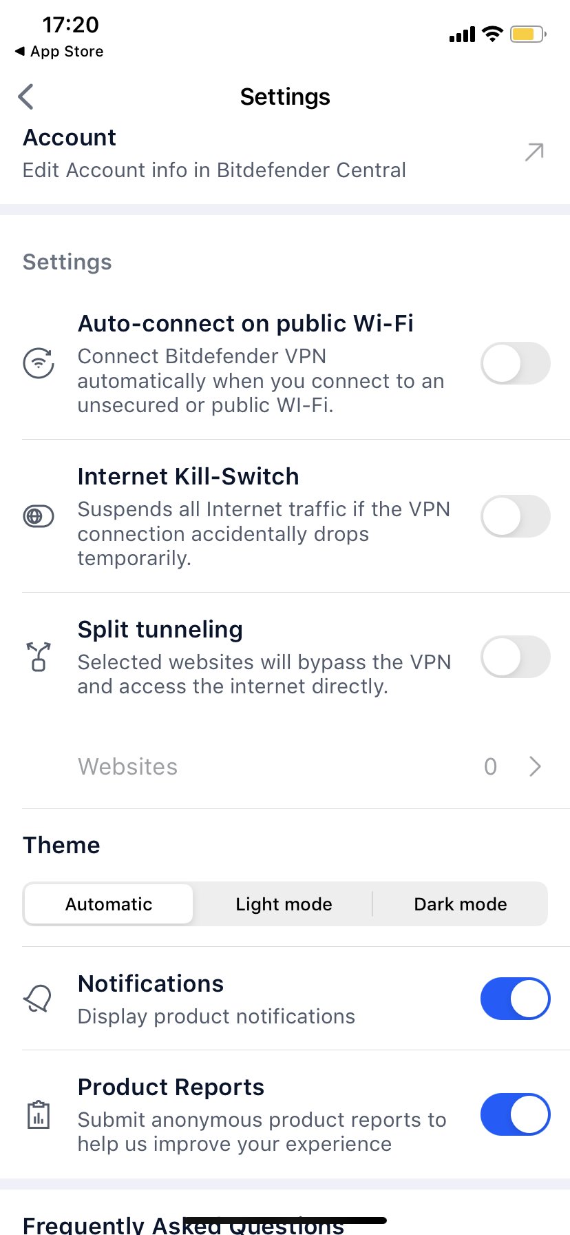Bitdefender VPN para iOS - Definições