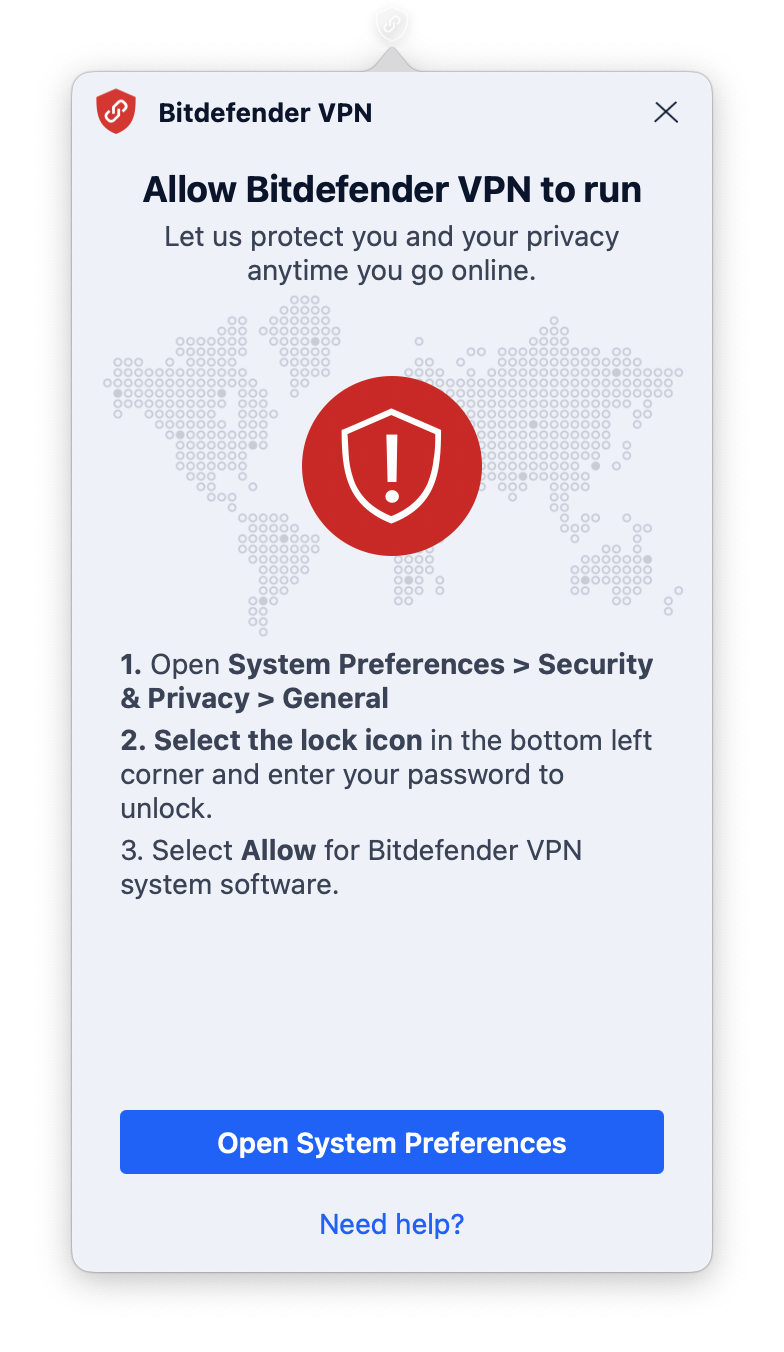 Bitdefender VPN para Mac - Abra as Preferências do Sistema para permitir a VPN