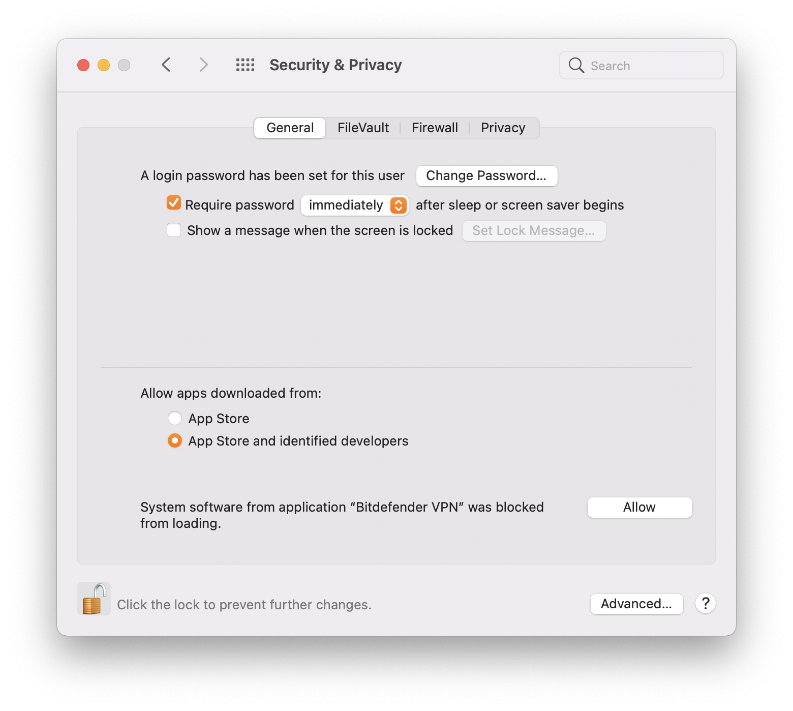 Permitir VPN Bitdefender na janela Segurança e Privacidade