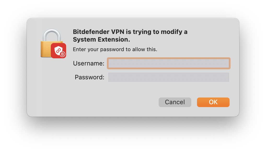 Digite sua senha do Mac para permitir o Bitdefender VPN para Mac