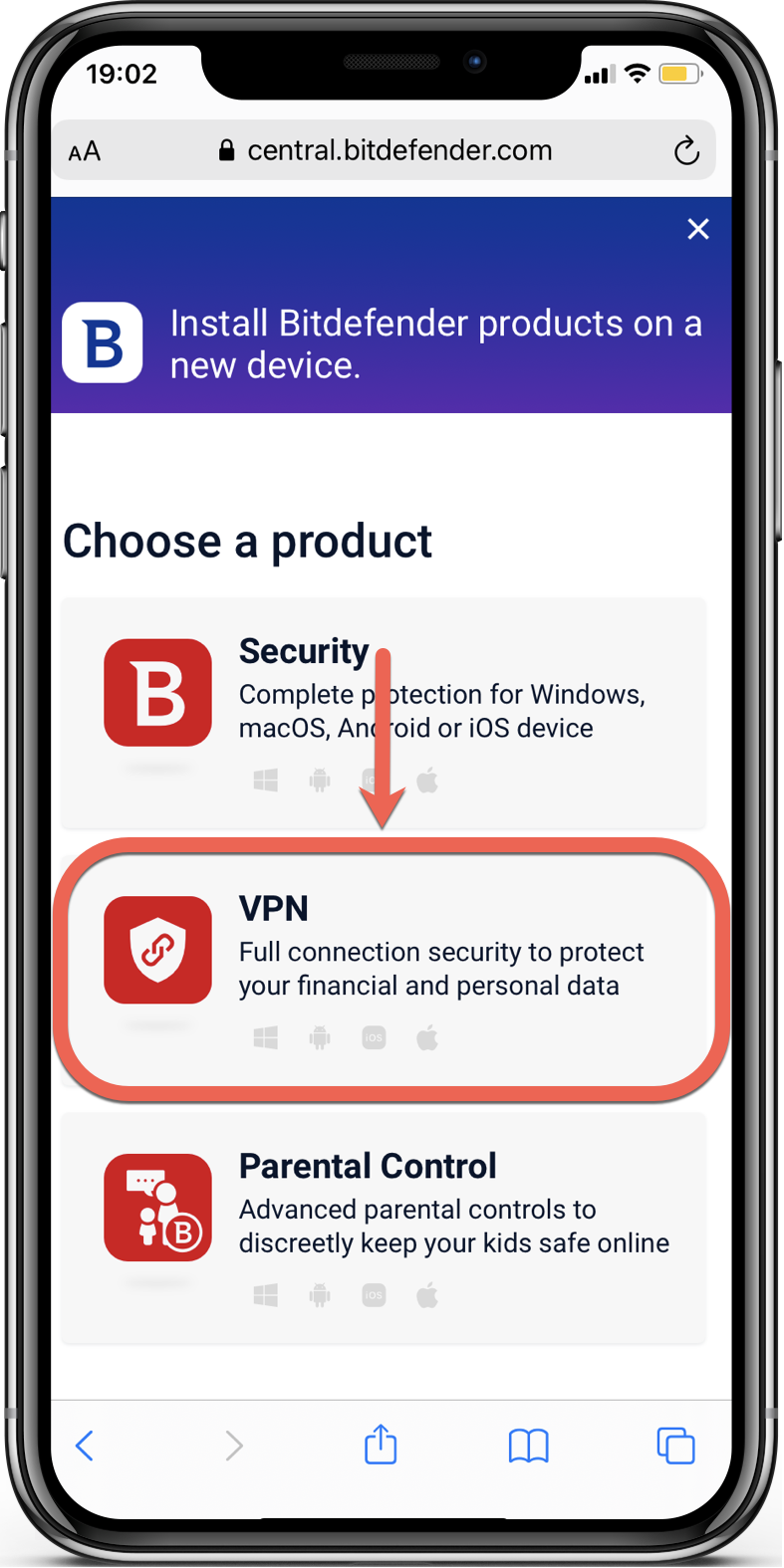 Instalar o Bitdefender VPN no iOS via Bitdefender Central