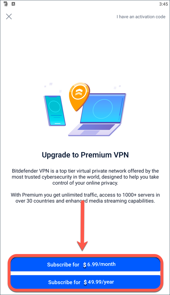 Choosing a subscription plan - Bitdefender Premium VPN on Android