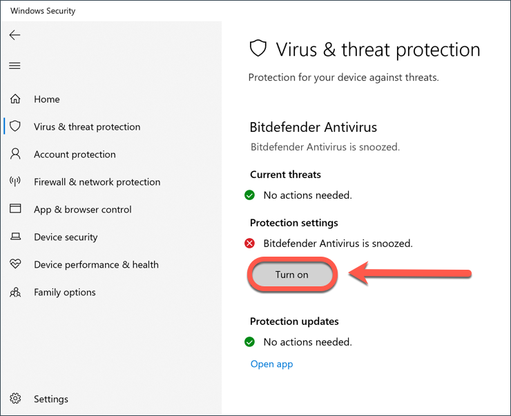 Ative o Bitdefender Antivirus na Central de Segurança do Windows