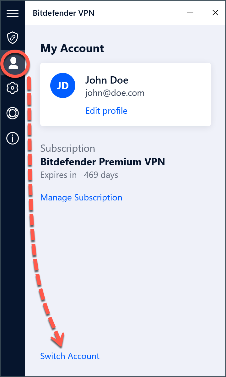 Solucionar erros de conexão do Bitdefender VPN no Windows - Trocar conta