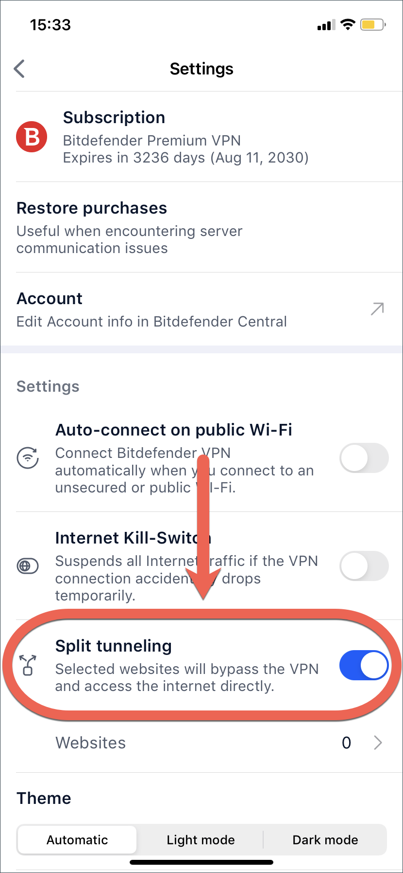 Habilitação de Split Tunneling em Bitdefender VPN para iOS.