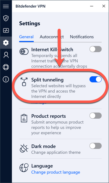 Use Split tunneling se você não puder acessar um site quando o Bitdefender VPN estiver ativo no Windows.