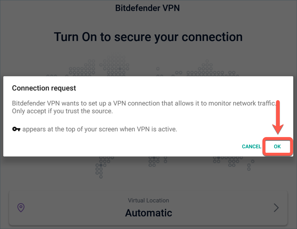 Pedido de conexão - O Bitdefender VPN não conecta no Android