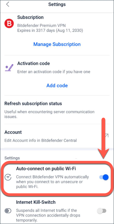Bitdefender VPN - Conecte-se automaticamente com o Wi-Fi público