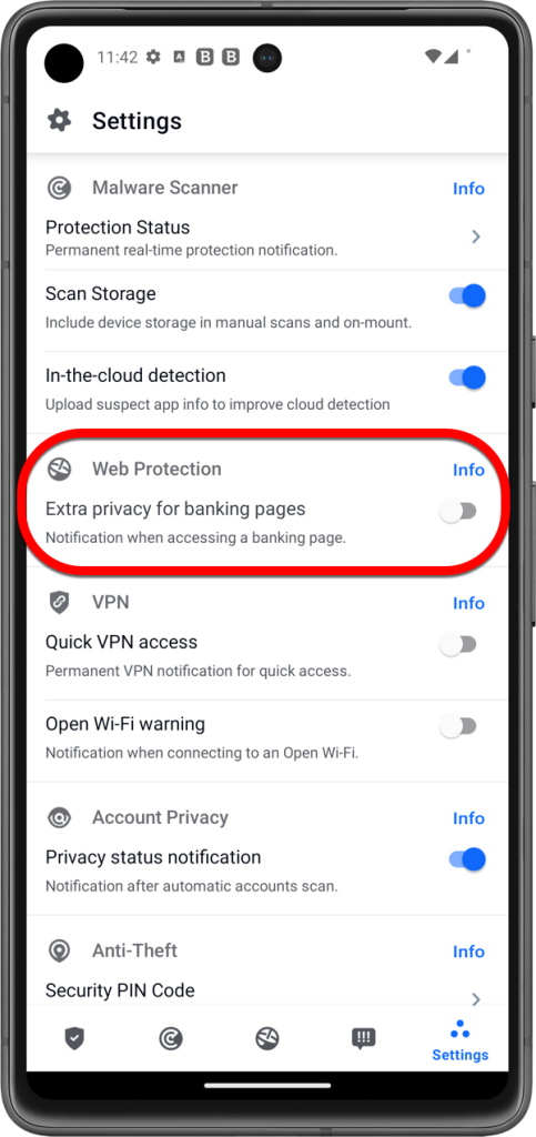 desligar notificações do Bitdefender VPN para transações no Android