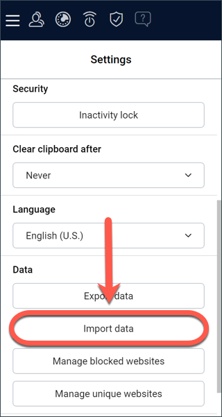 Export your Wallet data into Bitdefender Password Manager - Import data button.