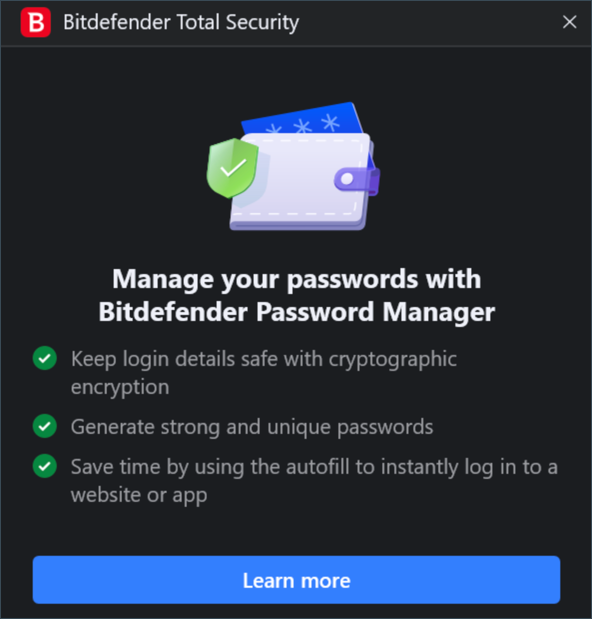 pop-up: Gerencie suas senhas com o Bitdefender Password Manager