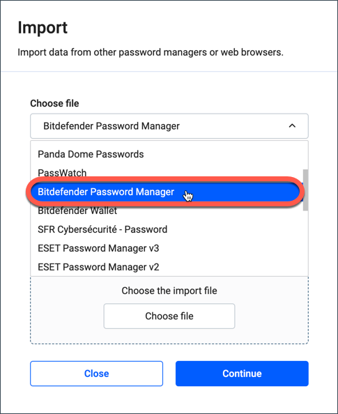 Bitdefender Password ManagerTransferir dados para o Bitdefender usando um arquivo CSV