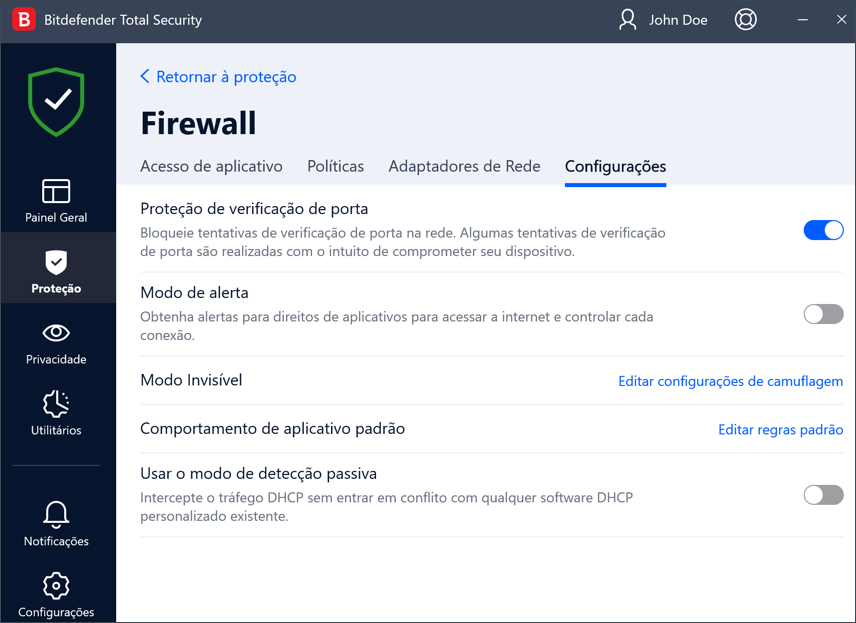 O Bitdefender Firewall - configuracoes