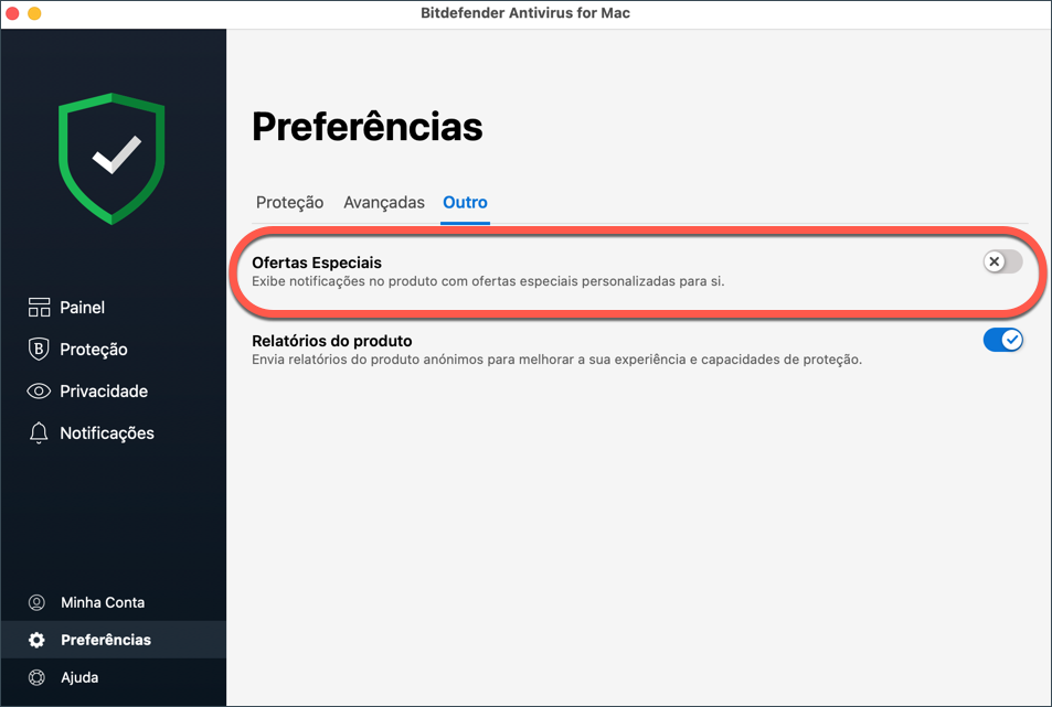 Desabilitar as mensagens promocionais em Bitdefender para macOS