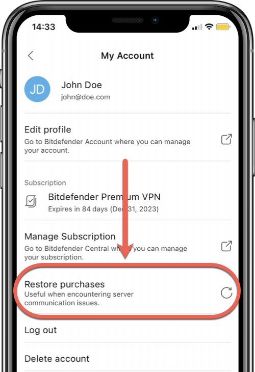Restaurar as compras dentro do app em Bitdefender VPN